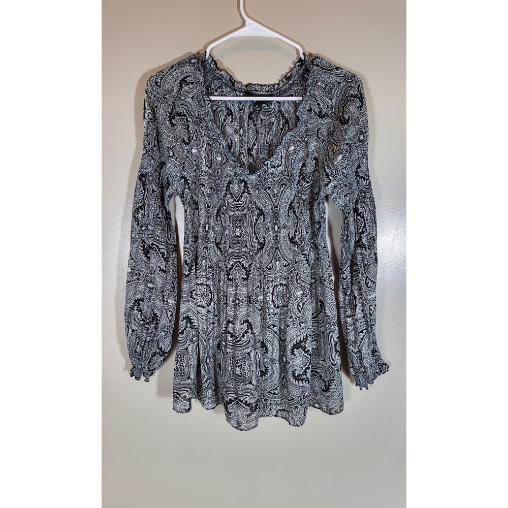 GNW Women XL Black White Paisley Long Sleeve Tunic Blouse Boho Peasant